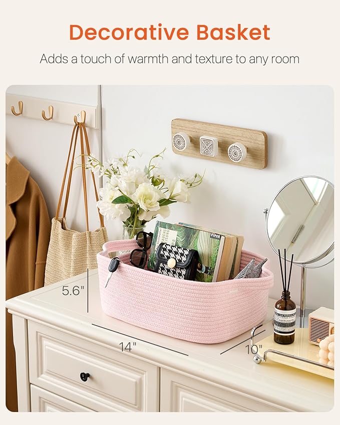 KALLAX Small Woven Basket, 14 x 10 x 5.6 Inches, Small Storage Baskets for Organizing, Gift Baskets Empty, Cute Rope Shelf Closet Storage Bins for Shelves, Dog Toy Basket, Light Pink