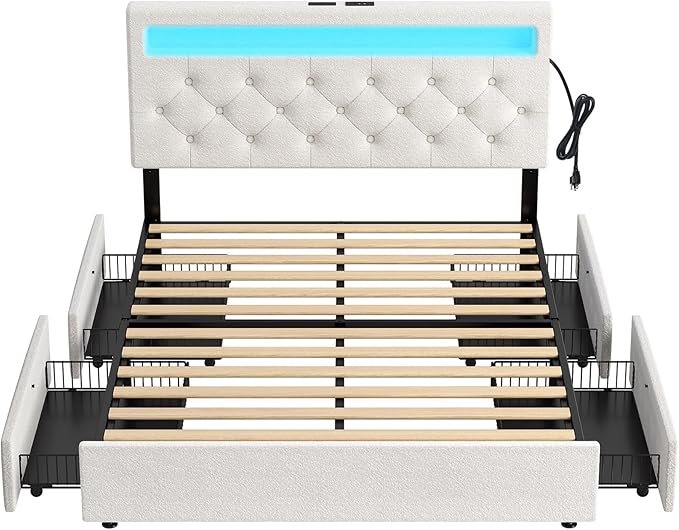 Rolanstar LED Bed Frame Queen Size, Queen Bed with 4 Storage Drawers and Charging Station, 2 Type C Port & 1 USB Port, Adjustable Upholstered Headboard 38.9/40.8 Inches, No Box Spring Needed, White