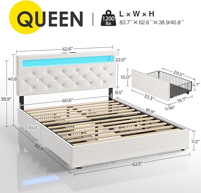 Rolanstar LED Bed Frame Queen Size, Queen Bed with 4 Storage Drawers and Charging Station, 2 Type C Port & 1 USB Port, Adjustable Upholstered Headboard 38.9/40.8 Inches, No Box Spring Needed, White