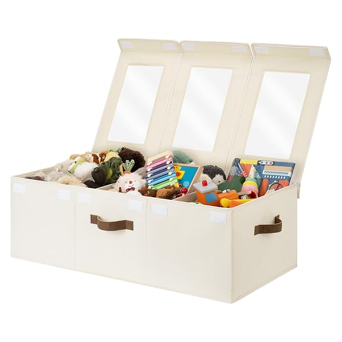 StorageWorks Large Toy Storage Bins with Lids, Collapsible Sturdy Toy Chests, Storage Chests with Dividers for Nursery, Living Room, Playroom, Bedroom, Beige