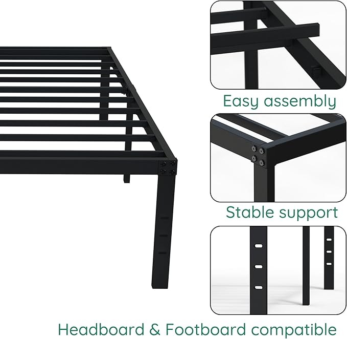 18 Inch Narrow Twin Bed Frames Heavy Duty No Box Spring Needed Metal Platform with Maximum Storage, Easy Assembly, Noise Free, Black