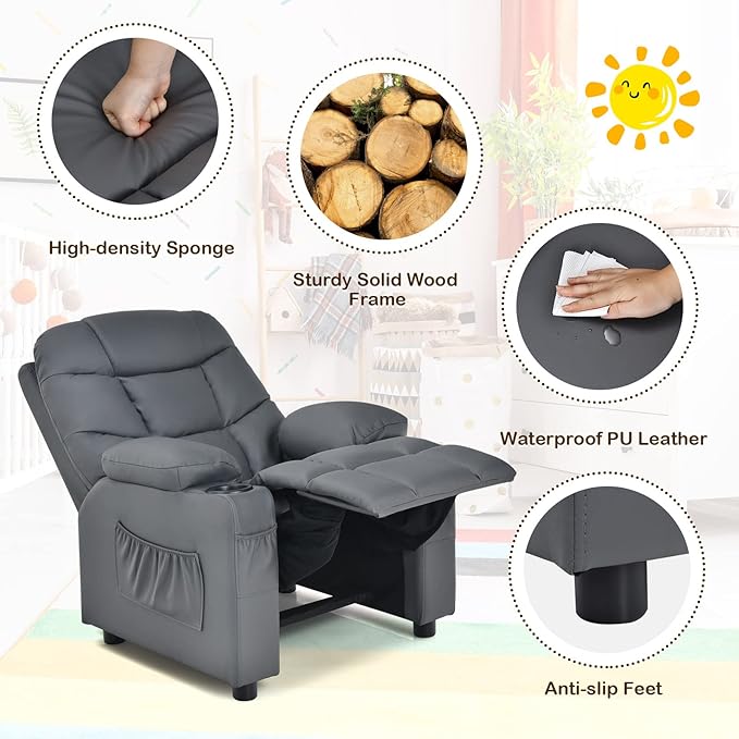 GLACER Kids Recliner Chair w/Cup Holder & Side Pockets, Children Recliner w/Comfortable Backrest, Armrests & Footrest, Toddler PU Leather Recliner for Boys Girls, 3+ Age Group (Grey)