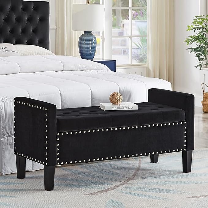 24KF Velvet Modern Upholstered Tufted Button Storage Bench with Arms for Bedroom,Entryway Living Room Soft Padded Seat-Black