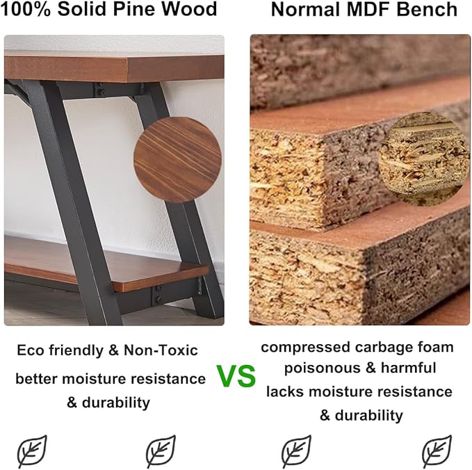 IBF Natural Real Wood Entryway Bench, Solid Wood Storage Bench, Industrial Bedroom Bench in Entry Way Hallway Foyer Rack, Modern Shoe Bench Seat for Living Bed Room Indoor, Rustic Brown, 47 Inch