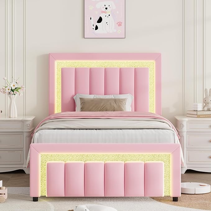 HOMBCK Twin Bed Frame with LED Lights and Velvet Upholstered Headboard, Bed Frame Twin Size with Modern Diamond Headboard Adjustable, Wooden Slats Support, Noise Free, No Box Spring Needed, Pink