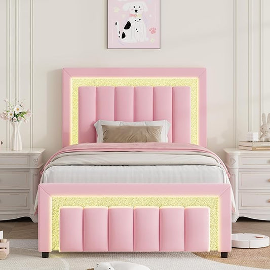 HOMBCK Twin Bed Frame with LED Lights and Velvet Upholstered Headboard, Bed Frame Twin Size with Modern Diamond Headboard Adjustable, Wooden Slats Support, Noise Free, No Box Spring Needed, Pink
