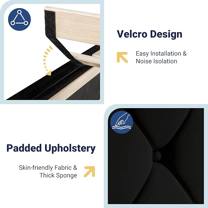 Allewie Full Size Bed Frame, Storage Headboard with Charging Station, Wingback Velvet Upholstered, Diamond Stitched Button Tufted, Sturdy Wooden Slats, No Box Spring Needed, Easy Assembly, Black