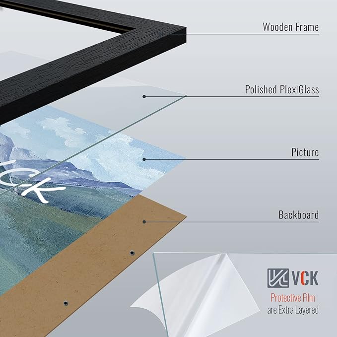 VCK 16x24 Poster Frame Set of 4 - Black, Gallery-Quality Wood Picture Frames, 1.1-Inch Wide Border, Polished Plexiglass, Vertical or Horizontal Wall Display for Photo/Art/Prints, Black
