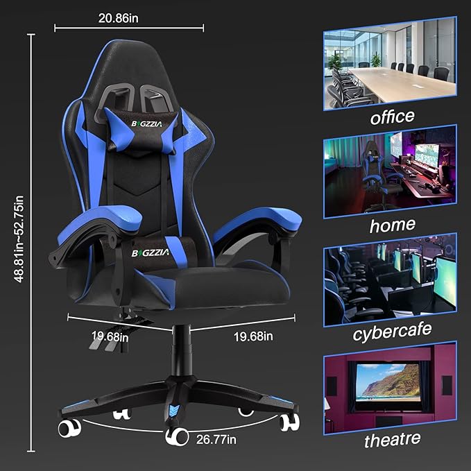 Gaming Chair High Back, Ergonomic Computer Gamer Chair with Headrest and Lumbar Support, Racing Style Reclining Game Chair for Adults, Kids (Blue-Black)
