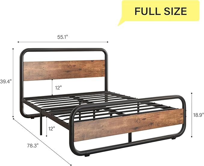 Catrimown Full Size Bed Frame, Heavy Duty Metal Rustic Platform Bed Frame with LED Wood Headboard and Footboard, Wooden Platform Bed Frame with Under Bed Storage, No Box Spring Needed, Rustic Brown