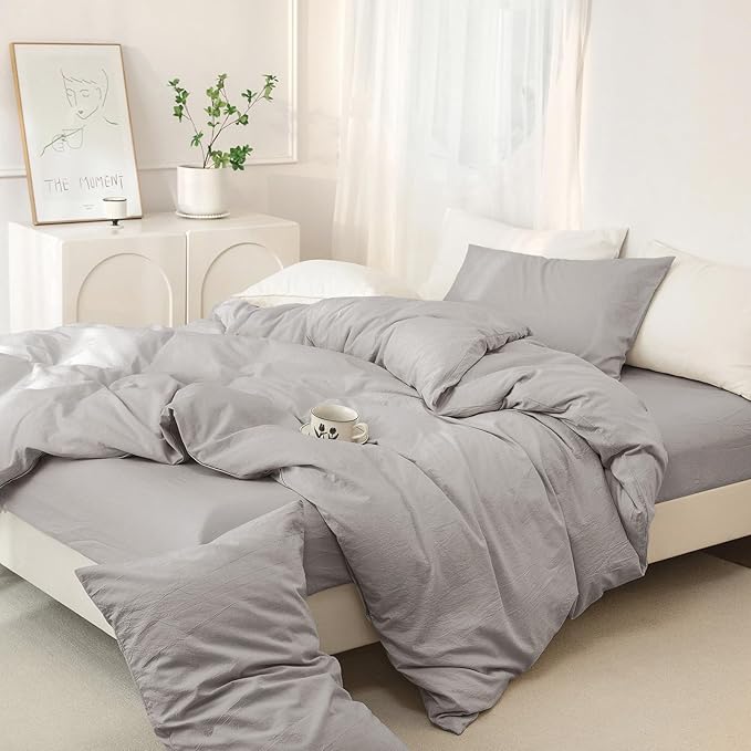 JIYUAN 100% Washed Cotton Duvet Cover Set 3 Pieces Cal King, 1 Duvet Cover 104x98 Inches(Comforter Not Included) and 2 Pillowcases,Linen Feel Bedding Set Comfy and Breathable, Heathered Pastel Grey