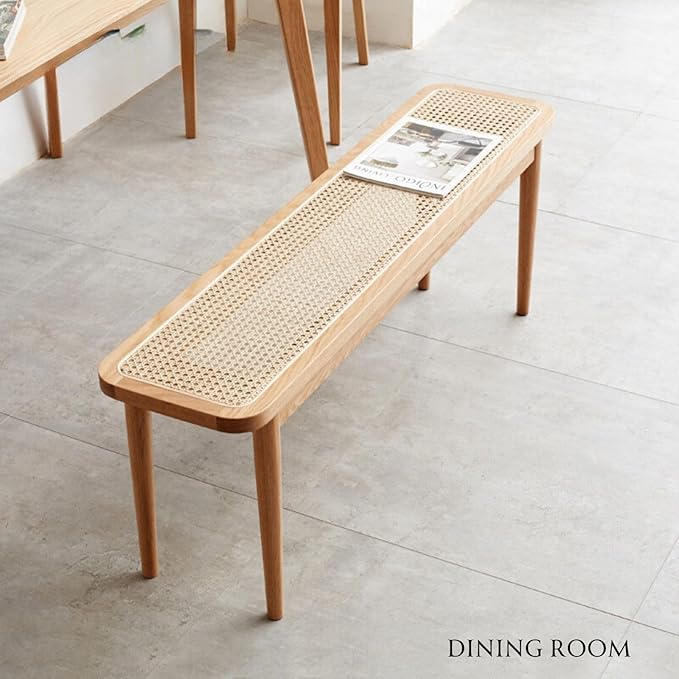 31.5'' Natural Rattan Dining Bench with 100% Solid Oak Wood Bench Frame, Bed End Shoe Ottoman for Kitchen Bedroom Entryway, Natural Oak