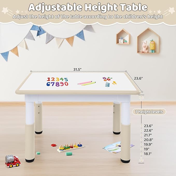 Toddler Table, 7 Level Height Adjustable Kids Play Furniture for Ages 3-8, Rectangular Plastic, 23.6" W x31.5 L, Multi-Activity Desk with Graffiti Desktop for Home & Daycare