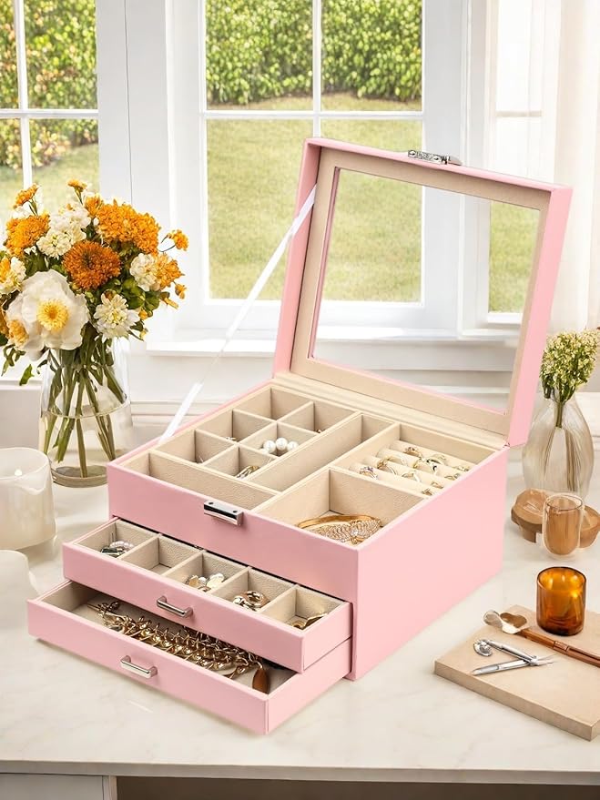 BOOVO Clear Lid Jewelry Box,3 Layers Jewelry Organizer Large Multi-Functional Jewelry Storage Box with 2 Drawers,Jewelry Display Case of Rings Earrings Necklace Bracelets for Women Girls (Pink)