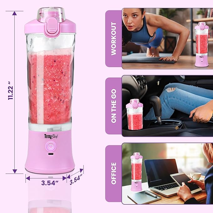 Total Chef Portable Blender - USB Rechargeable Personal Smoothie Mixer, Protein Shake Maker, Cordless Travel Mini Licuadora, Blend Frozen Fruit, Drink Milkshake On The Go,Ice Crusher 20 OZ, Lilac