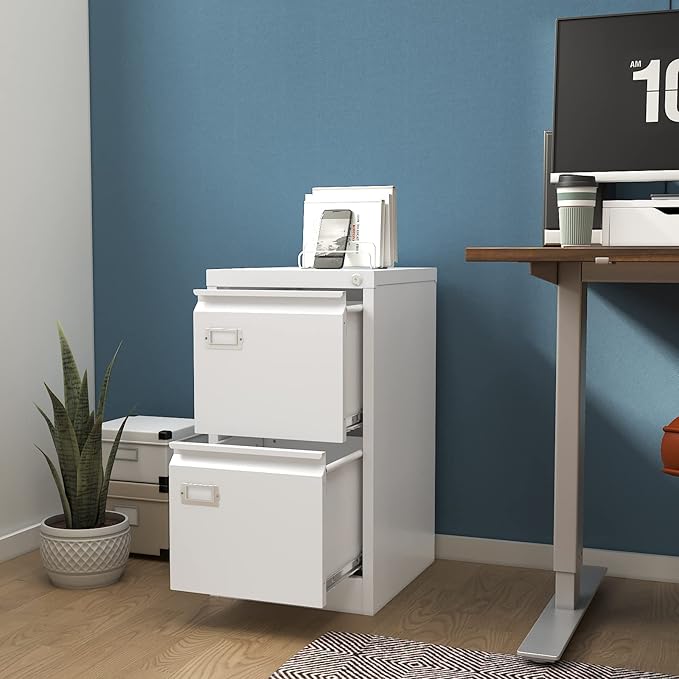 2-Drawer File Cabinet, 16.3" Deep Vertical Filing Cabinet with Lock, Metal File Cabinet for Home Office, Anti-Tip 2 Storage Drawers for Letter/Legal/A4/F4 Size (Assemble Required, White)