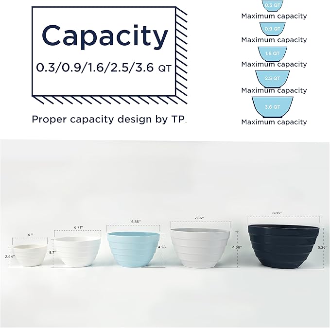 TP Mixing Bowls with Lids, 10-Piece Nesting Melamine Bowls Set for Prepping Serving Baking Cooking, Non Slip Bottom, Set of 5, Blue and White
