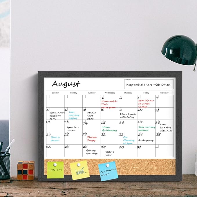 Dry Erase Calendar for Wall, 18x24 Inches Calendar Whiteboard for Wall, Magnetic Monthly White Board Corkboard with Wood Framed, Hanging Dry Erase Board for Kitchen Home Office School Planner