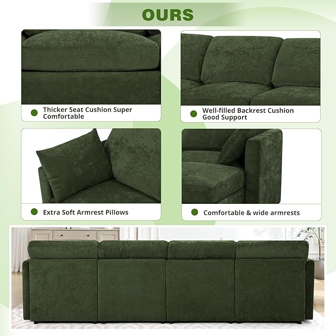 110” Chenille 4 Seats Sofa W/2 Movable Ottoman, Modern Fabric U-Shaped Couch with Soft Backrest, Upholstered Sectional Sofa with Armrest Pillows for Living Room, Office, Green