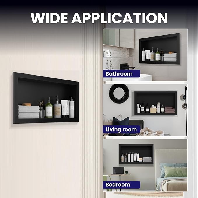 Stainless Steel Shower Niche 12" X 24",Single Shelf Niches Bathroom Shelf Recessed Wall Niche No Tile Needed Shower Shelf for Bathroom Storage (Black, 12 x 24)