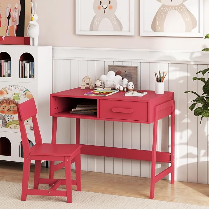 HONEY JOY Kids Desk and Chair Set, Wooden Children School Study Table and Chair w/Storage Drawer & Hutch, Student Writing Desk Computer Workstation for Bedroom, Gift for 3+ Years Old (Pink)