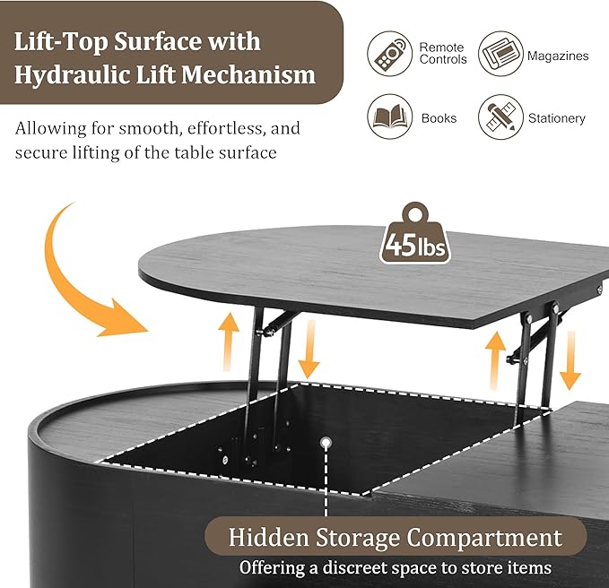 WILLIAMSPACE 47.2" Oval Lift Top Coffee Table with 360-degree Marble-Patterned Rotating Tray, Modern Wooden Center Table Side End Table Lift Tabletop with Hidden Compartment for Living Room, Black