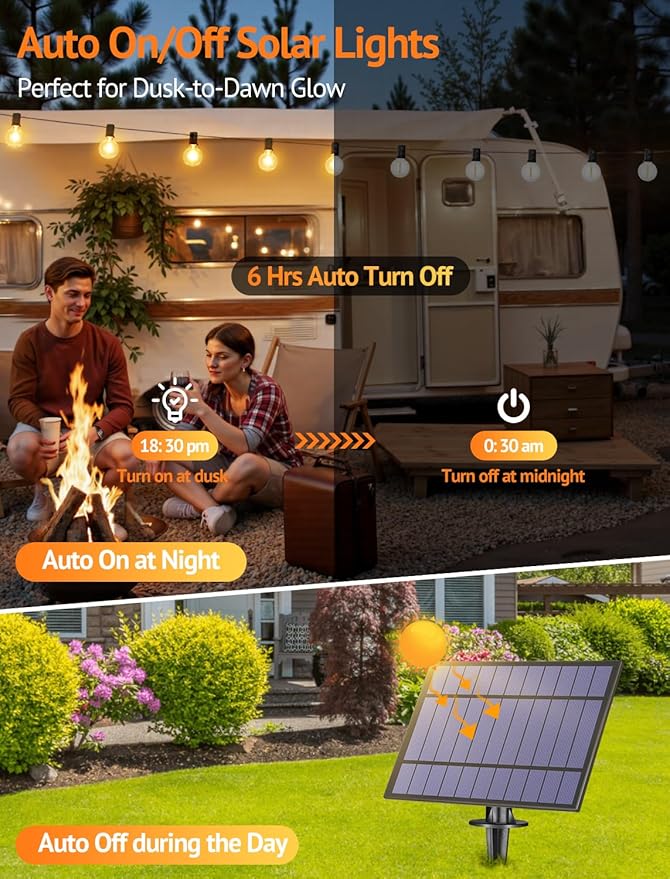 50FT(2x25FT) Solar String Lights Outdoor with Remote, Waterproof Dimmable 3 Modes Patio Lights with 20+2 LED G40 Bulbs for Cafe Bistro-Black