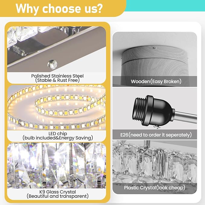 10.6" Crystal Ceiling Light Modern Crystal Chandelier LED Flush Mount Ceiling Light Fixture Mini Square Chandeliers for Bedroom Hallway Kitchen Foyer (Cool White)