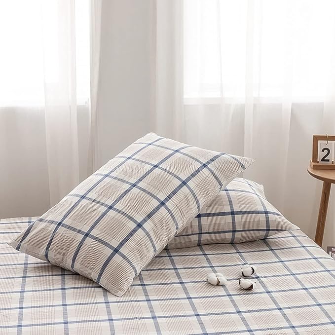 FACE TWO FACE Bedding Duvet Cover Set 3 Pieces 100% Washed Cotton Duvet Cover Linen Like Textured Breathable Durable Soft Comfy(King, Blue Grid)