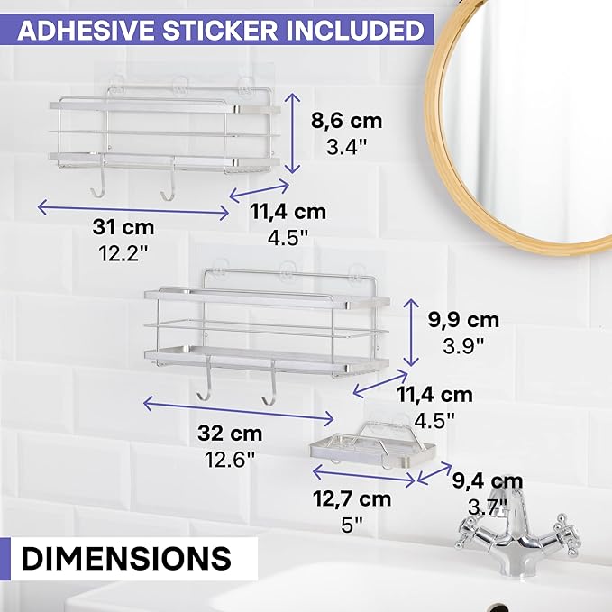 KINCMAX Premium Shower Caddy with Soap Holder, 2-Pack Adhesive Organizer, No Drill Bathroom Shelves, Rustproof Stainless Steel Shelves for Inside Shower, Storage Rack, Silver
