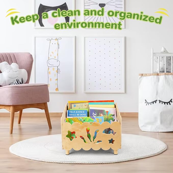 Liitrton Wood Kids Bookshelf for Kids Rooms, Toddler Montessori Bookshelf with 3 Adjustable Dividers, Small Kid Bookcase for Nursery Book Toy Storage (Wood)