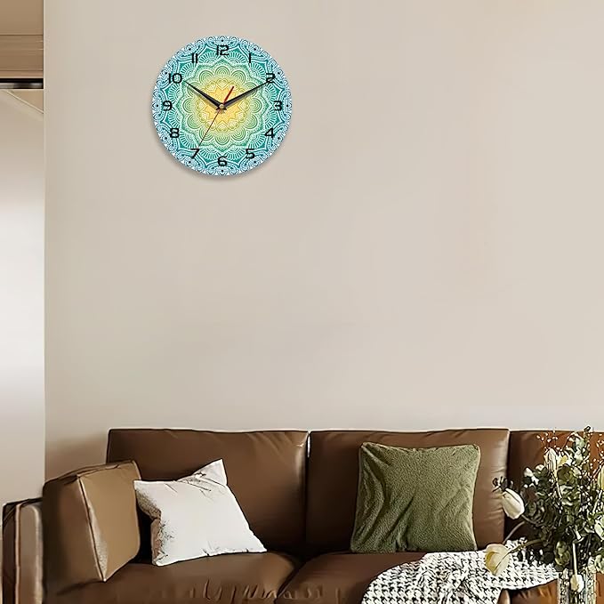 Wall Clocks Battery Operated,Blue Yellow Mandala Clock for Living Room,Decorative Wall Clock for Living Room, Bedroom, Bathroom and Kitchen,10 Inch