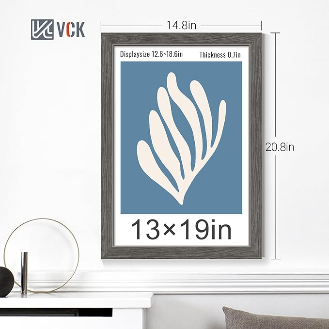 VCK 13x19 Picture Frame Set of 4 - Grey, Gallery-Quality Wood Poster Frames, 1.1-Inch Wide Border, Polished Plexiglass, Vertical or Horizontal Wall Display for Photo/Art/Prints, Grey