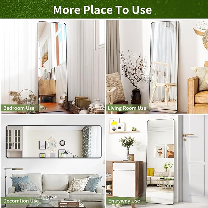 BEAUTYPEAK 59"x16" Mirror Full Length, Standing or Leaning Rounded Corner Full Body Floor Mirror with Metal Framed,Suitable for Living Room or Bathroom,Black