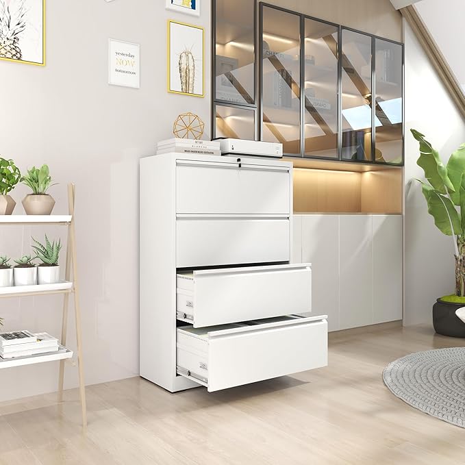 Metal Lateral File Cabinets with Lock,4 Drawer Filing Cabinets for Home Office,Storage Cabinets for Hanging Files Letter/Legal/F4/A4 (White)