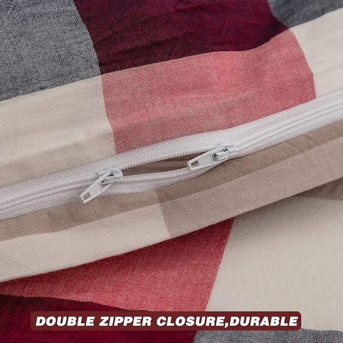 FACE TWO FACE Bedding Duvet Cover Set 3 Pieces 100% Washed Cotton Duvet Cover Linen Like Textured Breathable Durable Soft Comfy(King, Blue red Grid)