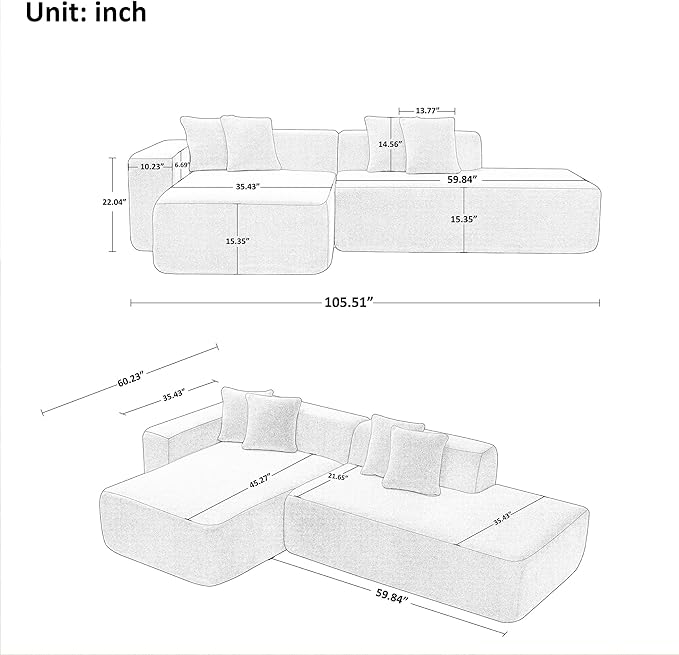 105'' Modular Sectional Couch, Modern L-Shape Sectional Sofa with Chaise Lounge, Comfy Lambswool Fabric Corner Sofa, Upholstered 4 Seater Couches for Living Room, Bedroom, Apartment, Beige