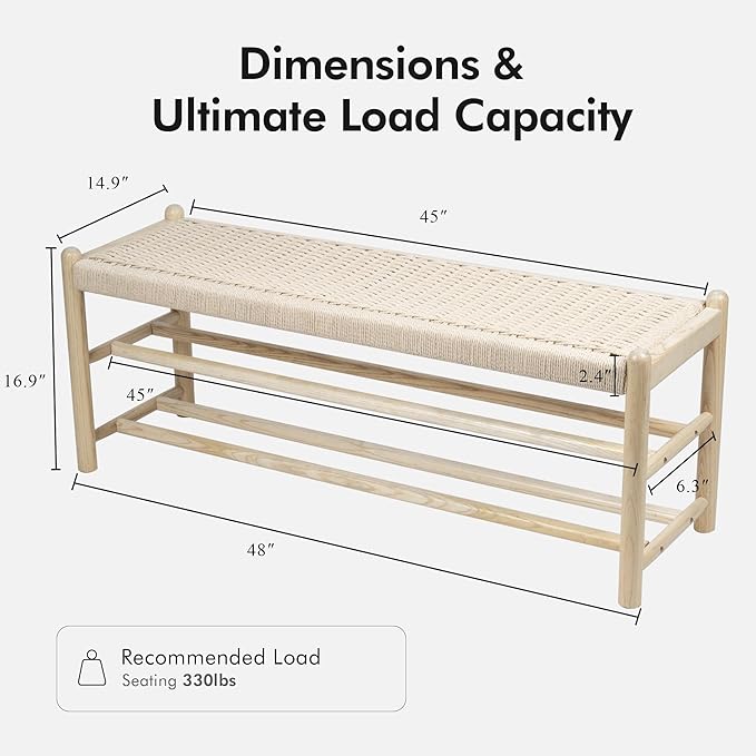 Solid Wood Entryway Bench with Shoe Storage, Rustic Oak Wood and Woven Design 45 Inch Long Seating for Living and Dining Rooms, 3-Tier Nature