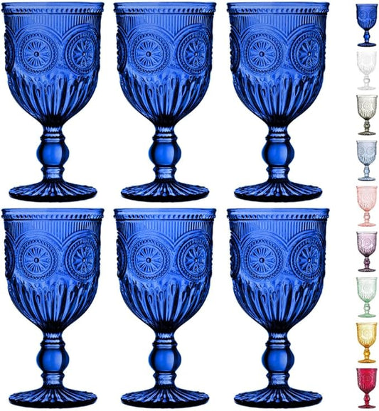 Yungala Cobalt Blue Wine Glasses Set of 6 Blue Goblets - Handcrafted Vintage Glassware with Sunflower Motif, Dishwasher Safe Cobalt Blue Glassware