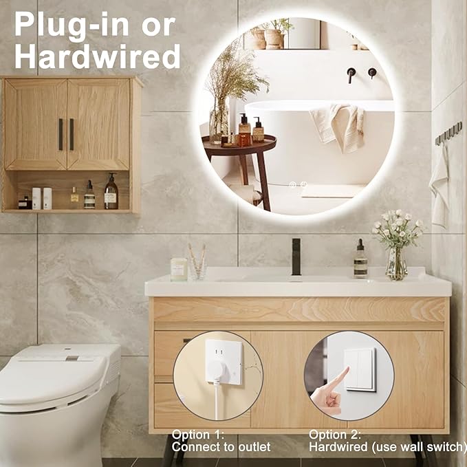 28 Inch Round LED Bathroom Mirror Backlit Anti-Fog Wall Mounted Lighted Bathroom Vanity Mirror 3 Colors Light Dimmable Smart Makeup Mirror with Touch Switch