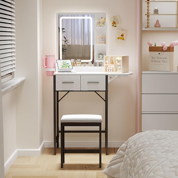 Small Vanity Desk for Mini Space: Compact Makeup Table Set for Tiny Bedroom - Space Saving Vanity for Girls