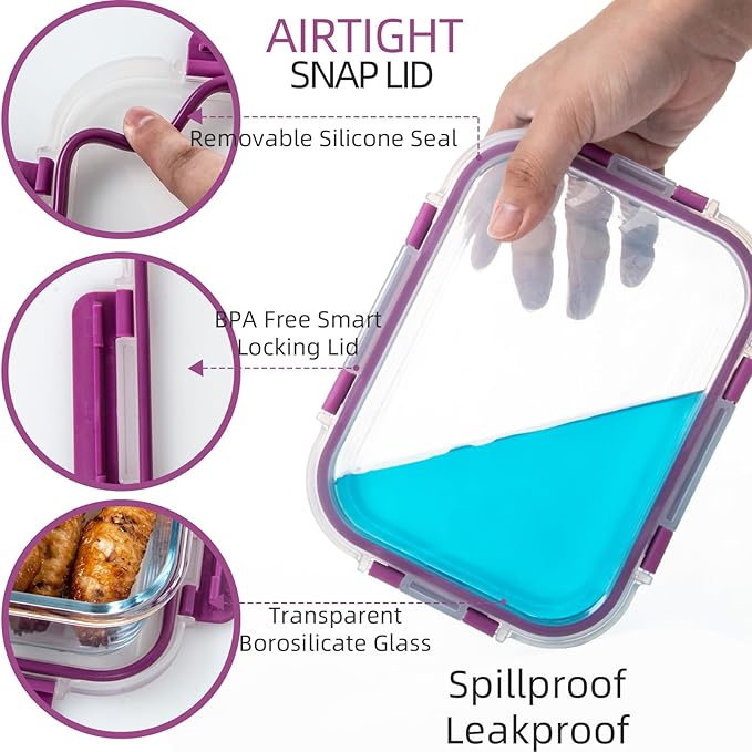 UMEIED 10 Pack Glass Food Storage Containers with Lids, Leakproof Airtight Glass Meal Prep Containers For Lunch, On The Go, Leftover, Dishwasher Safe