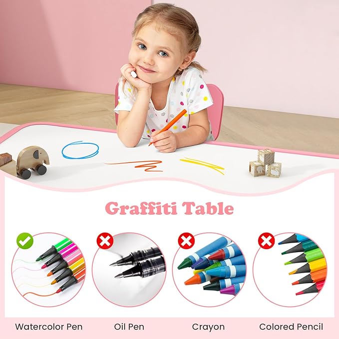 INFANS Kids Table and Chiar Set, Height Adjustable Toddler Desk and 4 Chairs with Graffiti Desktop Non-Slip Legs, Large 47" L x 23.5" W Multi-Activity Art Table for Daycare Classroom Home (Pink)