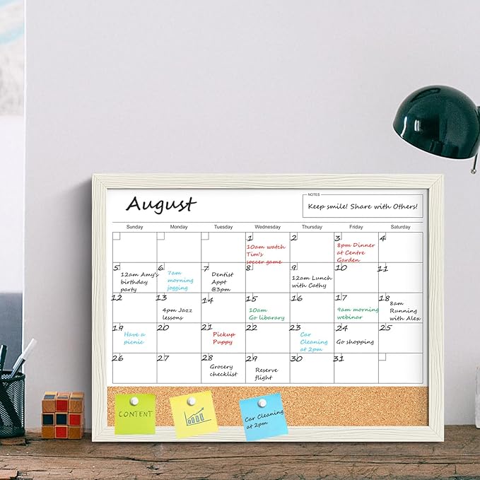 Calendar Whiteboard for Wall, 18x24 Inches Whiteboard Calendar Cork Board Combo, Magnetic Monthly White Board with Wood Framed, Hanging Dry Erase Board for Kitchen Home Office School Planner