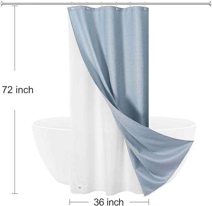 3 in 1 Stall Half Size Blue Shower Curtain Set-36 W x 72 H, Fog Blue Waffle Waterproof Fabric and PEVA Liner Set with Stainless Steel Hooks