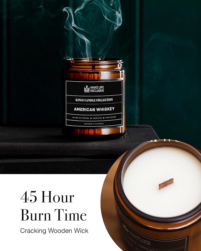Scented Candles for Men | Whiskey Scented | Wooden Wick, Long Lasting, Masculine Scents | Natural Soy Jar Candle for Home, Bacehlor Pad Decor | The Perfect Mens Gift