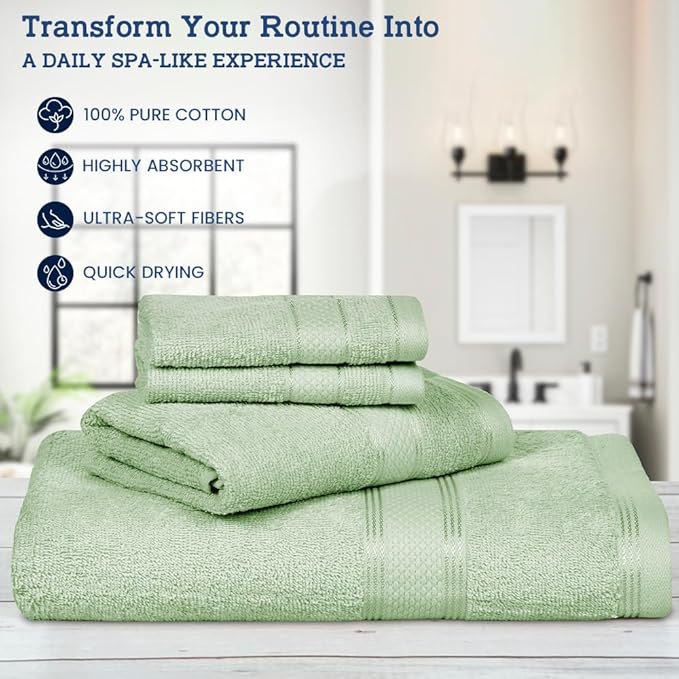 Casa Lino 4 Piece Bath Towel Set | 1 Bath Towel, 2 Wash Cloth, 1 Hand Towels | Bathroom Essentials for New Home, 100% Cotton Luxury Towels, Highly Absorbent Bathroom Set, Light Sage