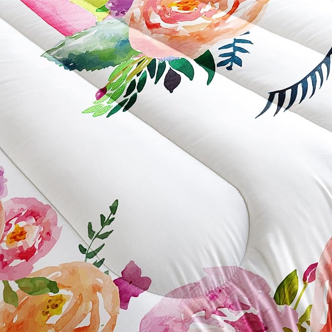 Unicorn Floral Watercolor Flower Comforter Bedding Set for Girls Teens Adults,Colorful Lovely Roses Blooms Print Design Unicorn Bedding Set(Full)