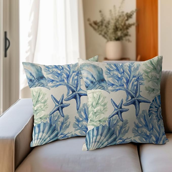 Kawani Beach Theme Pillow Covers 22x22 Inch Coastal Starfish Coral Outdoor Throw Pillows Set of 2 Summer Ocean Nautical Pillowcases Rustic Cushion Covers for Couch Home Decor