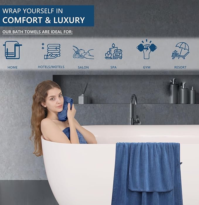 18 Piece Bath Towels Set,Soft Family Bathroom Towel Set with Hanging Loops-6 Bath Towels,6 Hand Towels,6 Washcloths,Highly Absorbent Quick Dry Shower Towel for Bathroom,Hotel,Spa-Navy Blue Towel Set